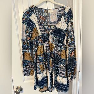 MELLODAY Patchwork Print Long Sleeve Buttoned Tunic Smocked Shirt